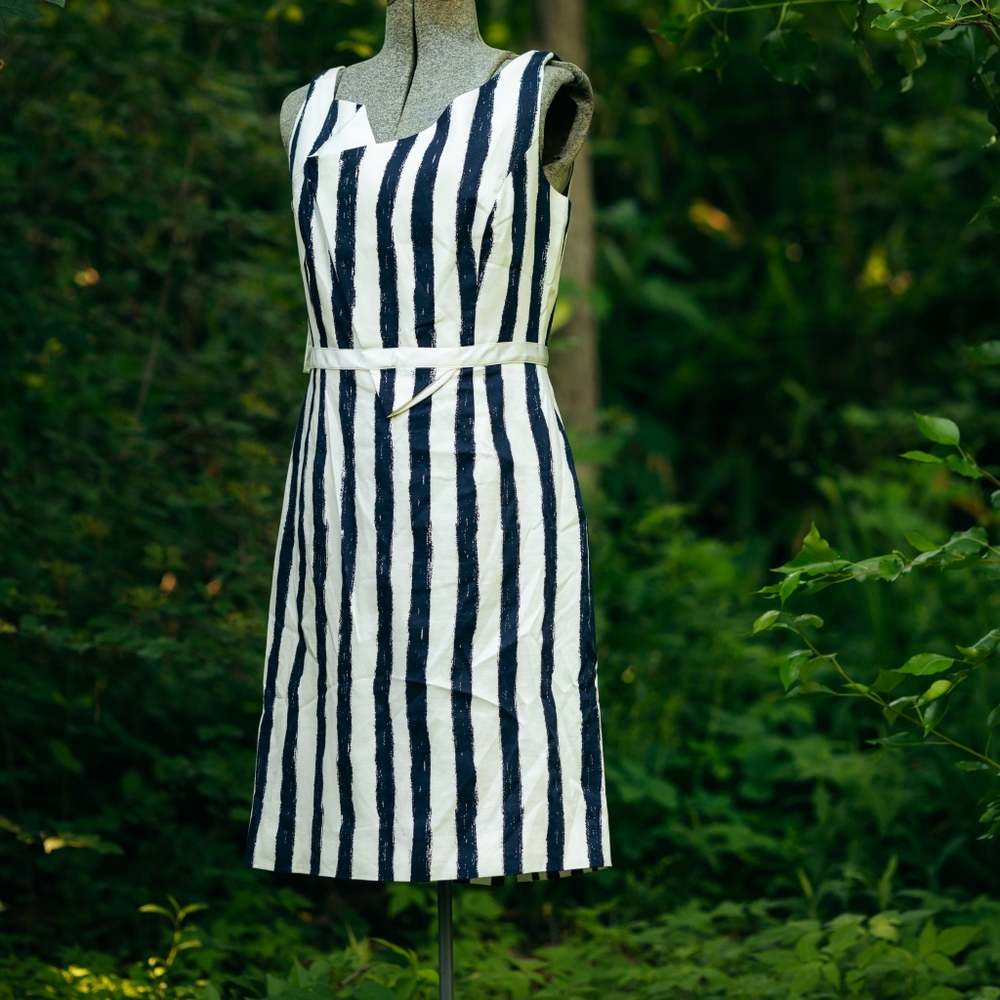 White and navy vertical striped dress